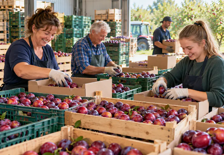 Medewerkers pakken een grote oogst pruimen in. Zo kan het fruit naar de Voedselbank.